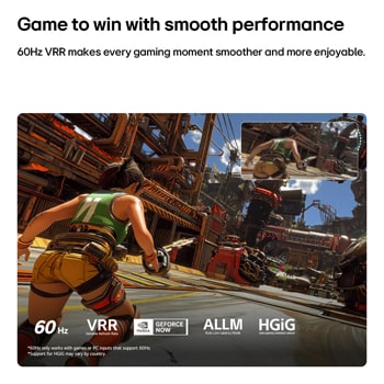LG QNED AI QNED70 Mini LED for Ultimate Gameplay shows a fast-paced action game scene with a comparison inset highlighting smoother motion, while supporting up to 60Hz, VRR, AMD FreeSync, ALLM, HGiG, and GeForce NOW.